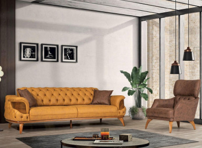 Moderne Chesterfield Couchgarnitur Dreisitzer Luxus Sofas Sessel Gelb 2tlg